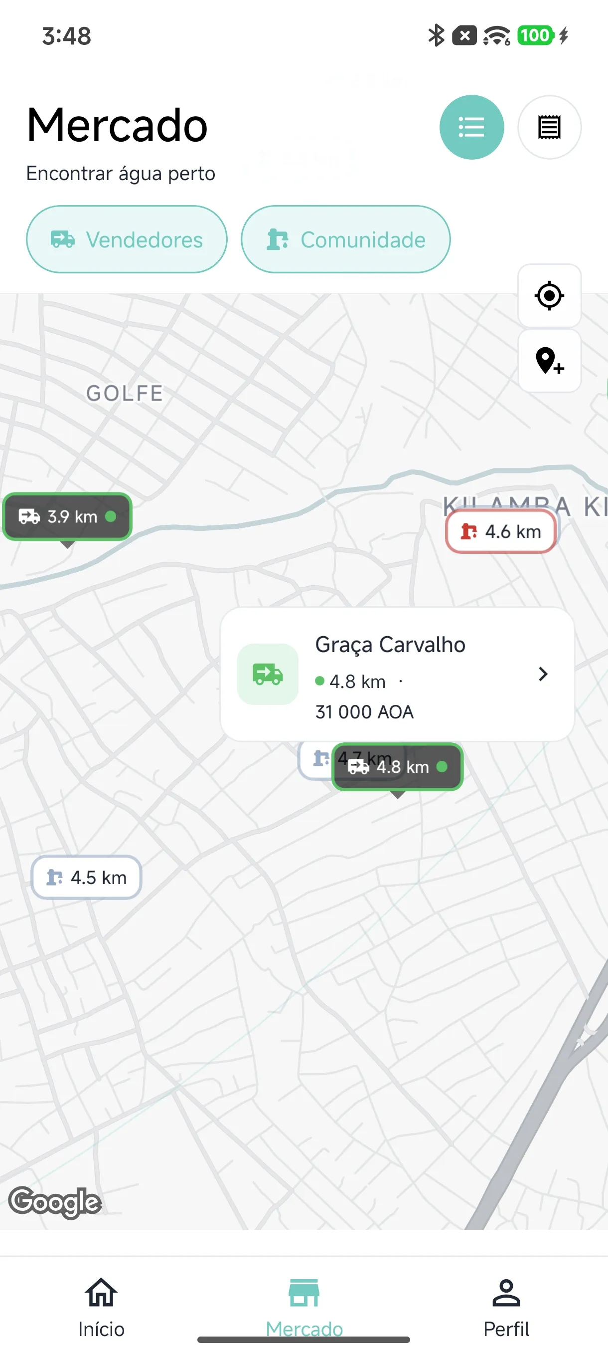 Marketplace Jila a mostrar vendedores próximos